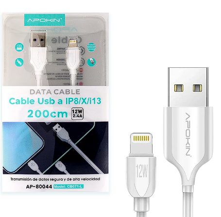 Cavo dati e ricarica rapida 12w APOKIN USB 2.4 a Lightning 2m