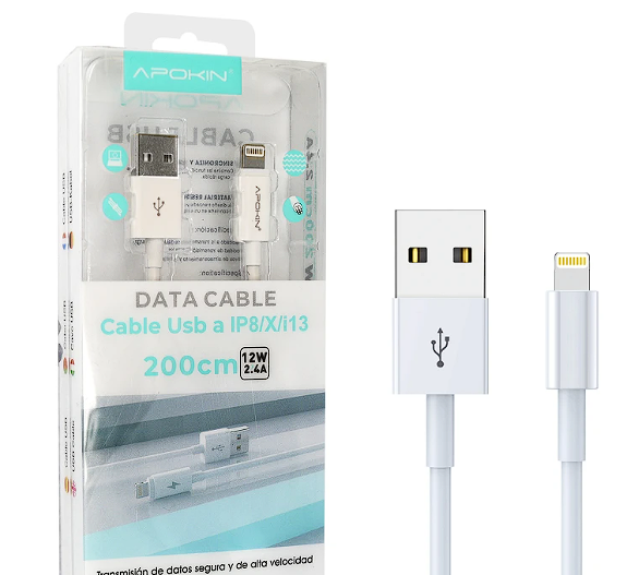Cavo dati e ricarica 2.4A APOKIN USB 2.0 a Lightning 2m