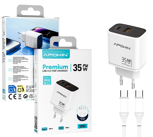 Caricabatterie  USB-A + Tipo C QC 3.0 35W Cavo Tipo C